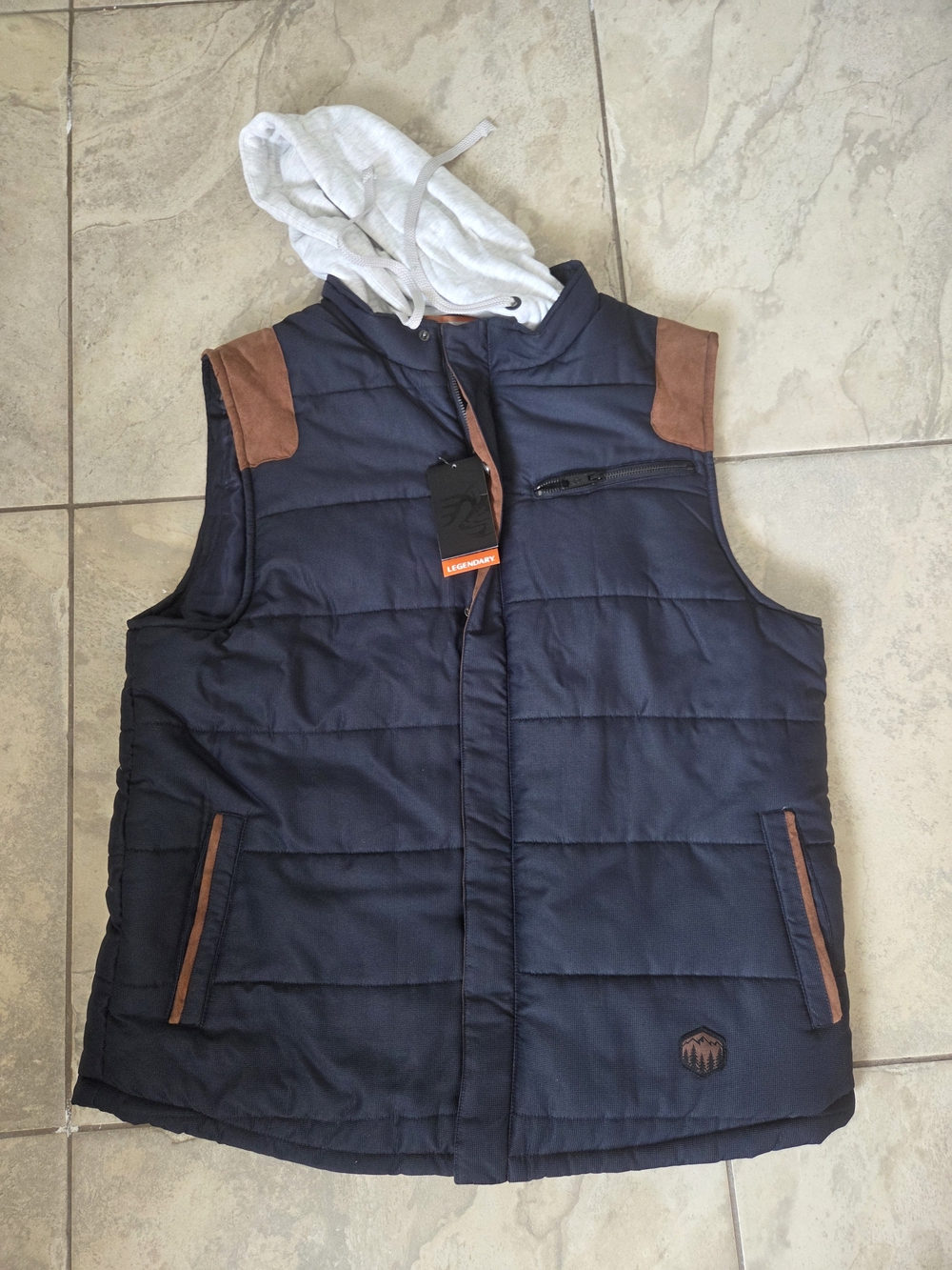Men's Legendary Navy Quilted Hooded Vest with Brown Accents